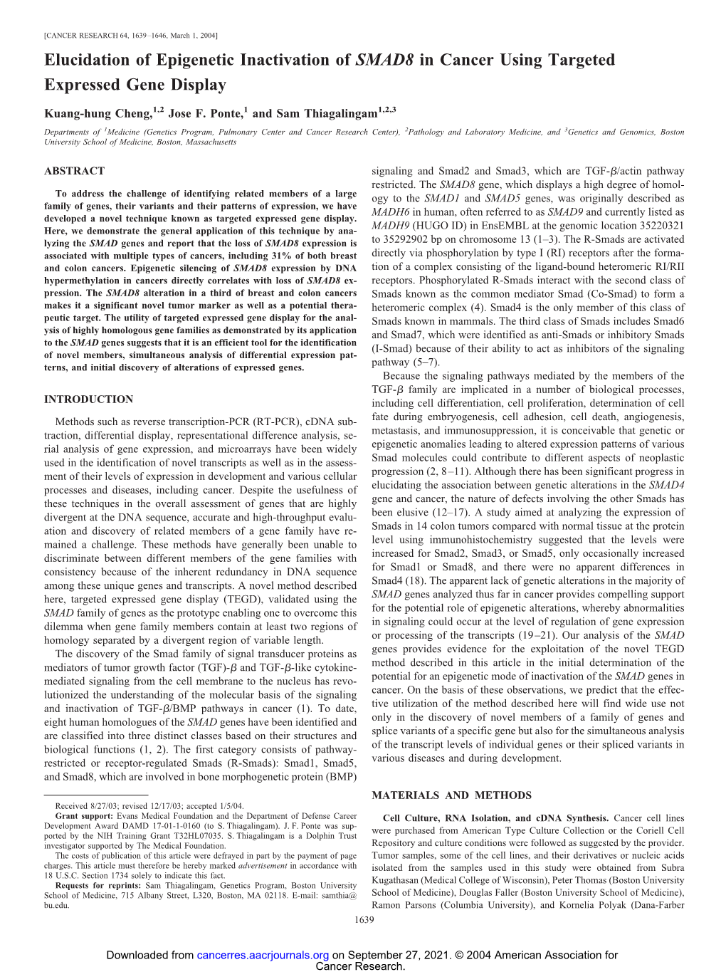 Elucidation of Epigenetic Inactivation of SMAD8 in Cancer Using Targeted Expressed Gene Display