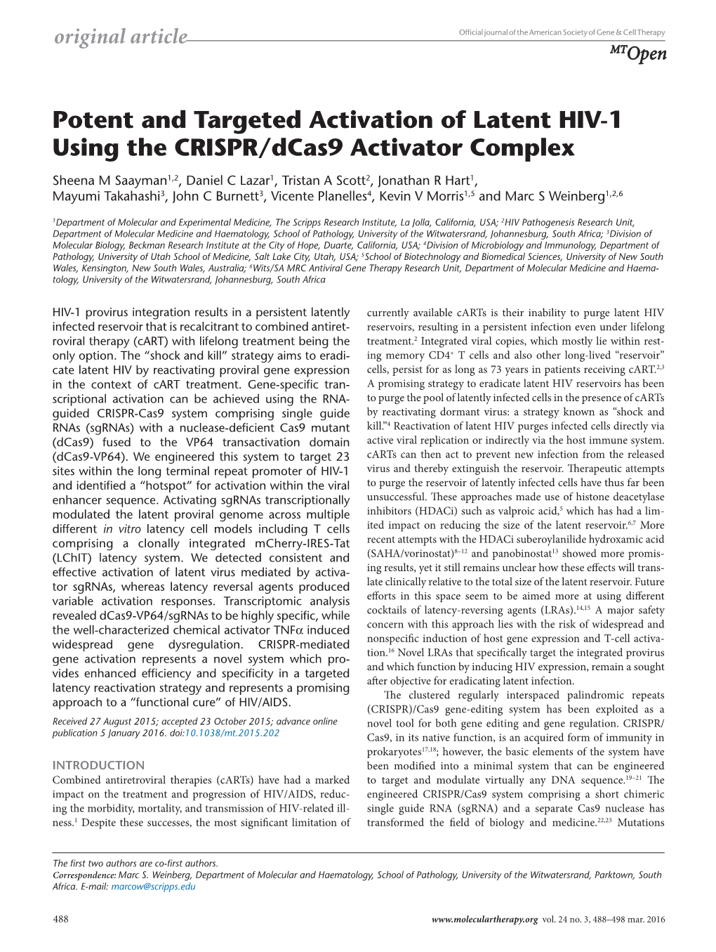 Potent and Targeted Activation of Latent HIV-1 Using the CRISPR/Dcas9 Activator Complex