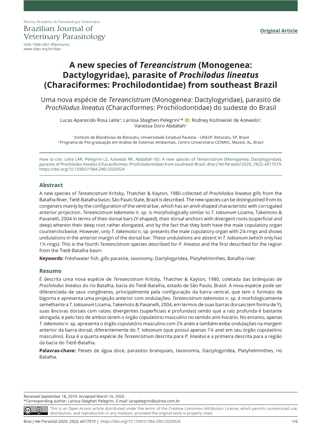 (Monogenea: Dactylogyridae), Parasite of Prochilodus Lineatus (Characiformes: Prochilodontidae) from Southeast Brazil