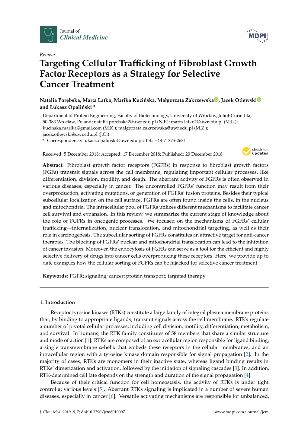 Targeting Cellular Trafficking of Fibroblast Growth Factor Receptors