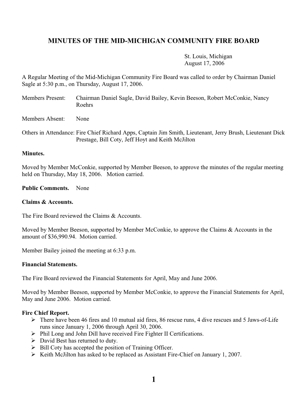 Minutes of the Mid-Michigan Community Fire Board