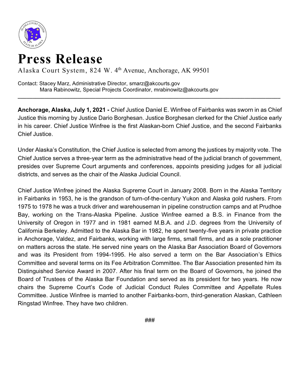 Press Release Alaska Court System, 824 W