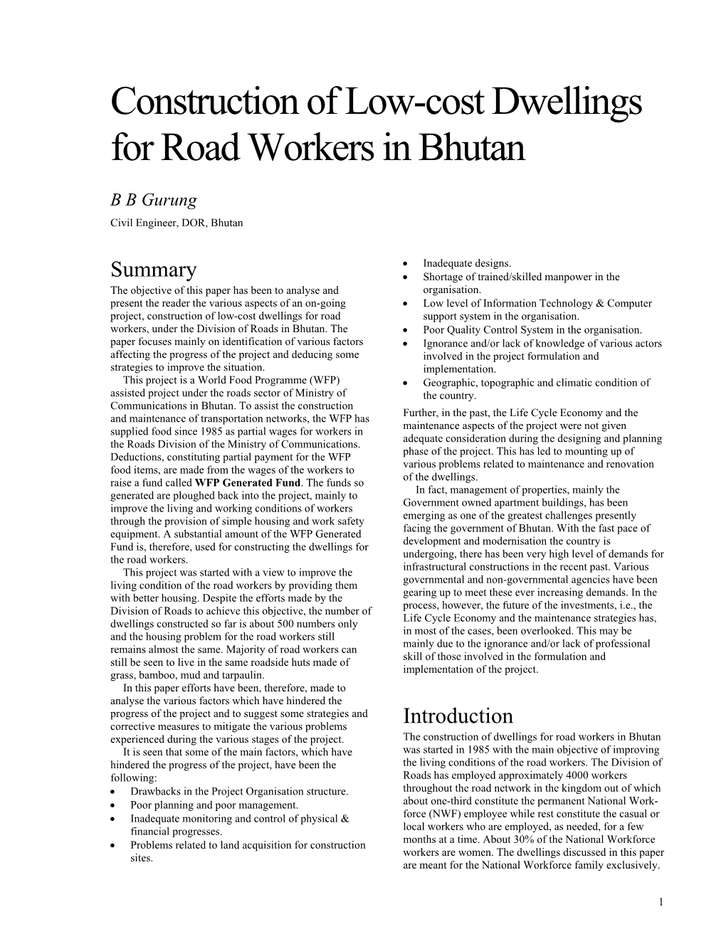 Construction of Low-Cost Dwellings for Road Workers in Bhutan