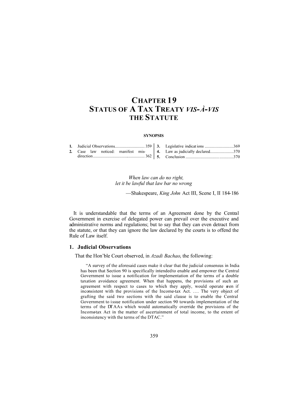 Chapter 19 Status of a Tax Treaty Vis-À-Vis the Statute