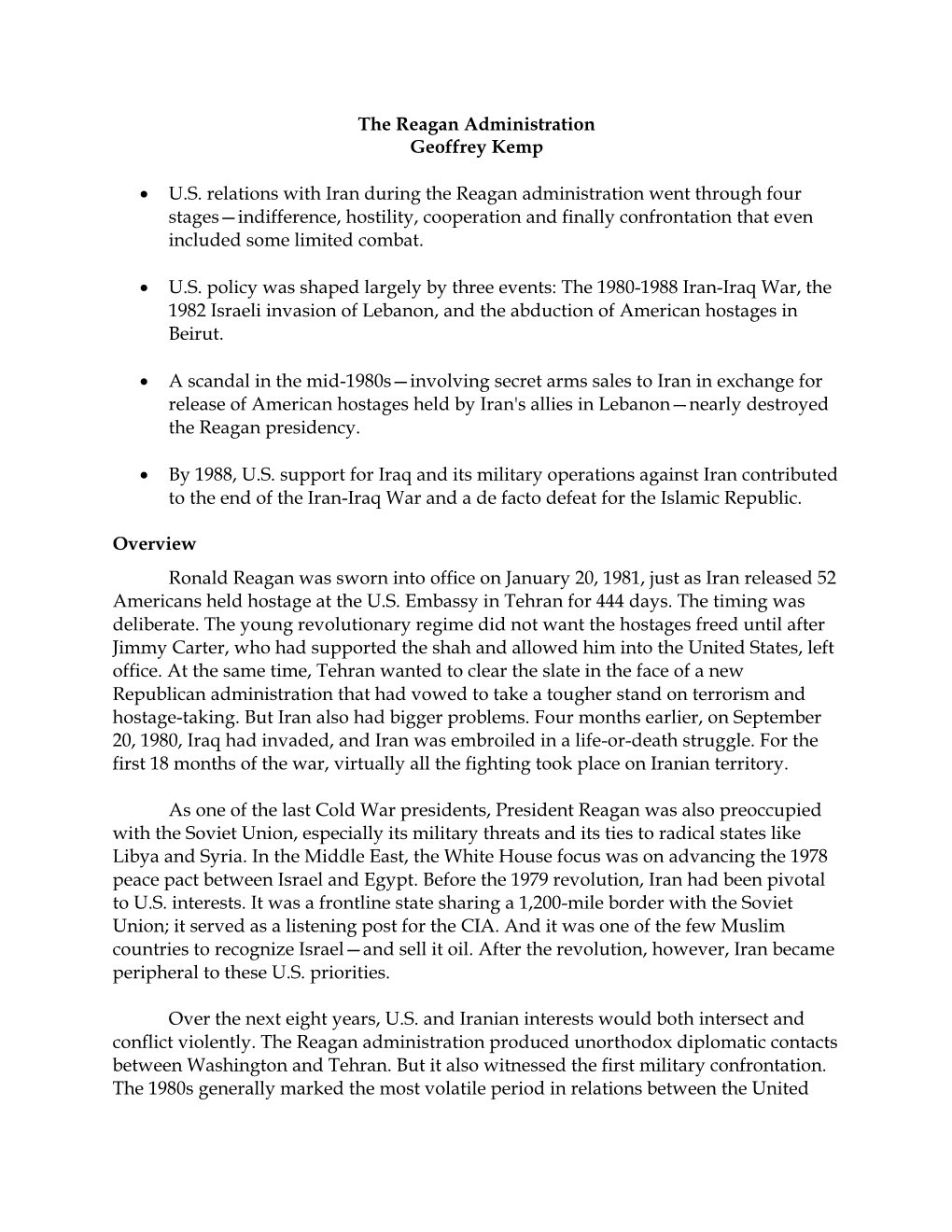 The Reagan Administration Geoffrey Kemp • U.S. Relations with Iran