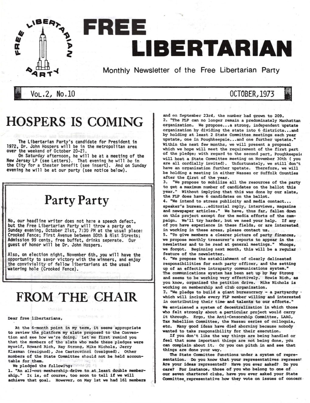 FREE LIBERTARIAN Monthly Newsletter of the Free Libertarian Party I OCTOBERJ1973I]