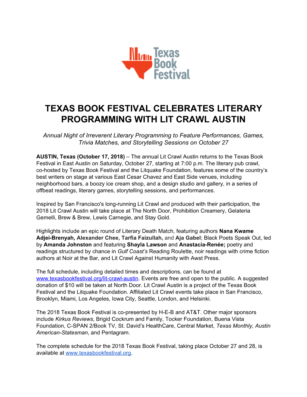 October 17, 2018 – Texas Book Festival Celebrates Literary