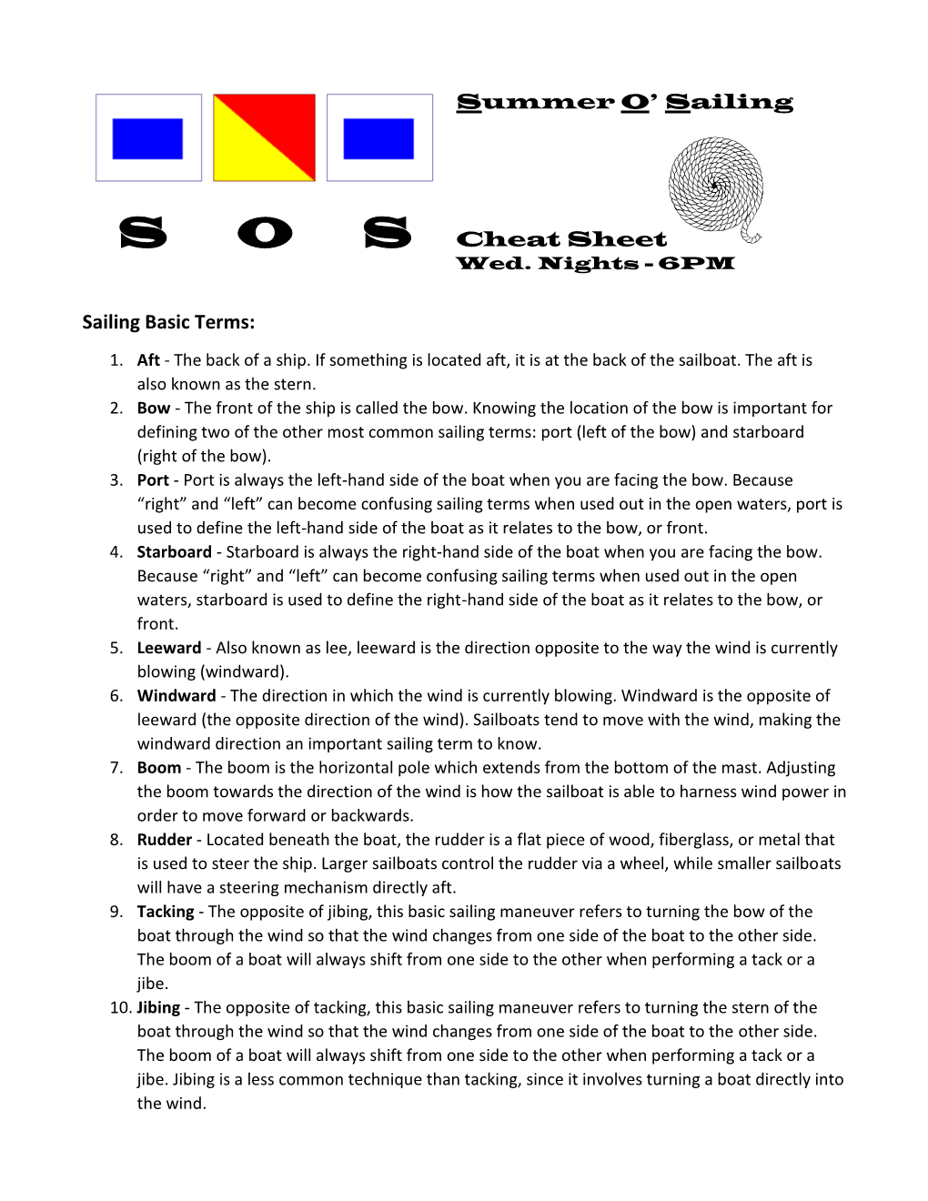 Summer O' Sailing Cheat Sheet Sailing Basic Terms