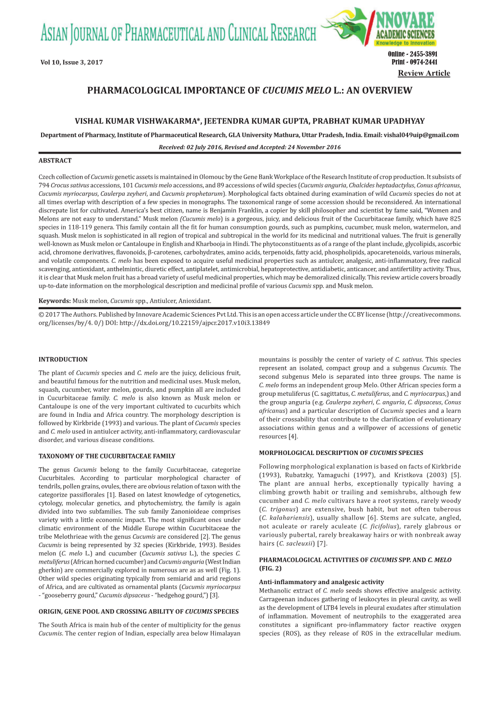 Pharmacological Importance of Cucumis Melo L.: an Overview