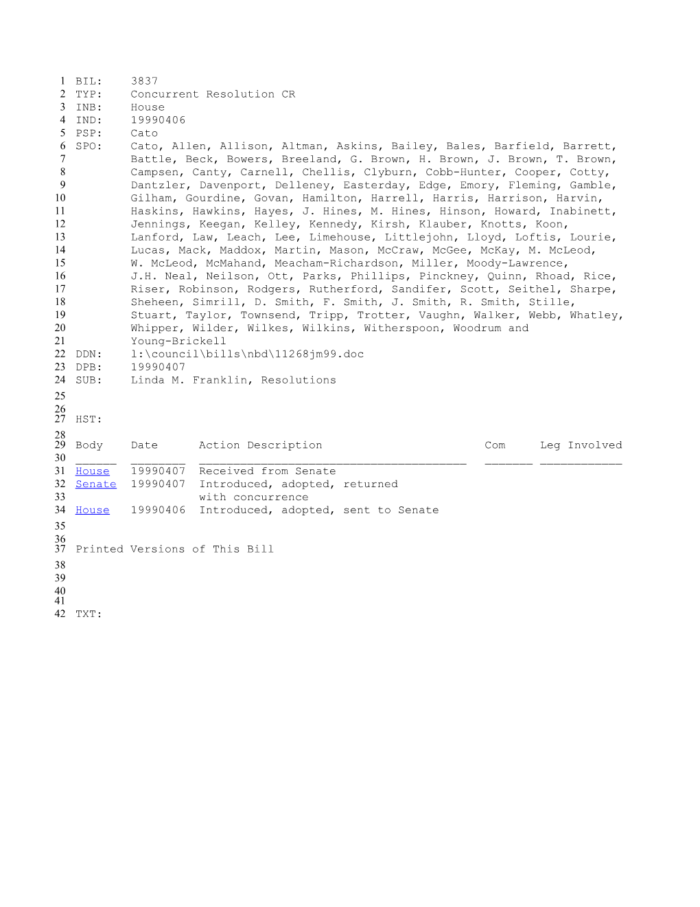 1999-2000 Bill 3837: Linda M. Franklin, Resolutions - South Carolina Legislature Online