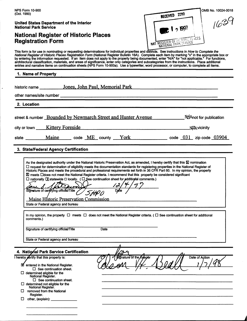 National Register of Historic Places Continuation Sheet JOHN PAUL JONES MEMORIAL PARK YORK