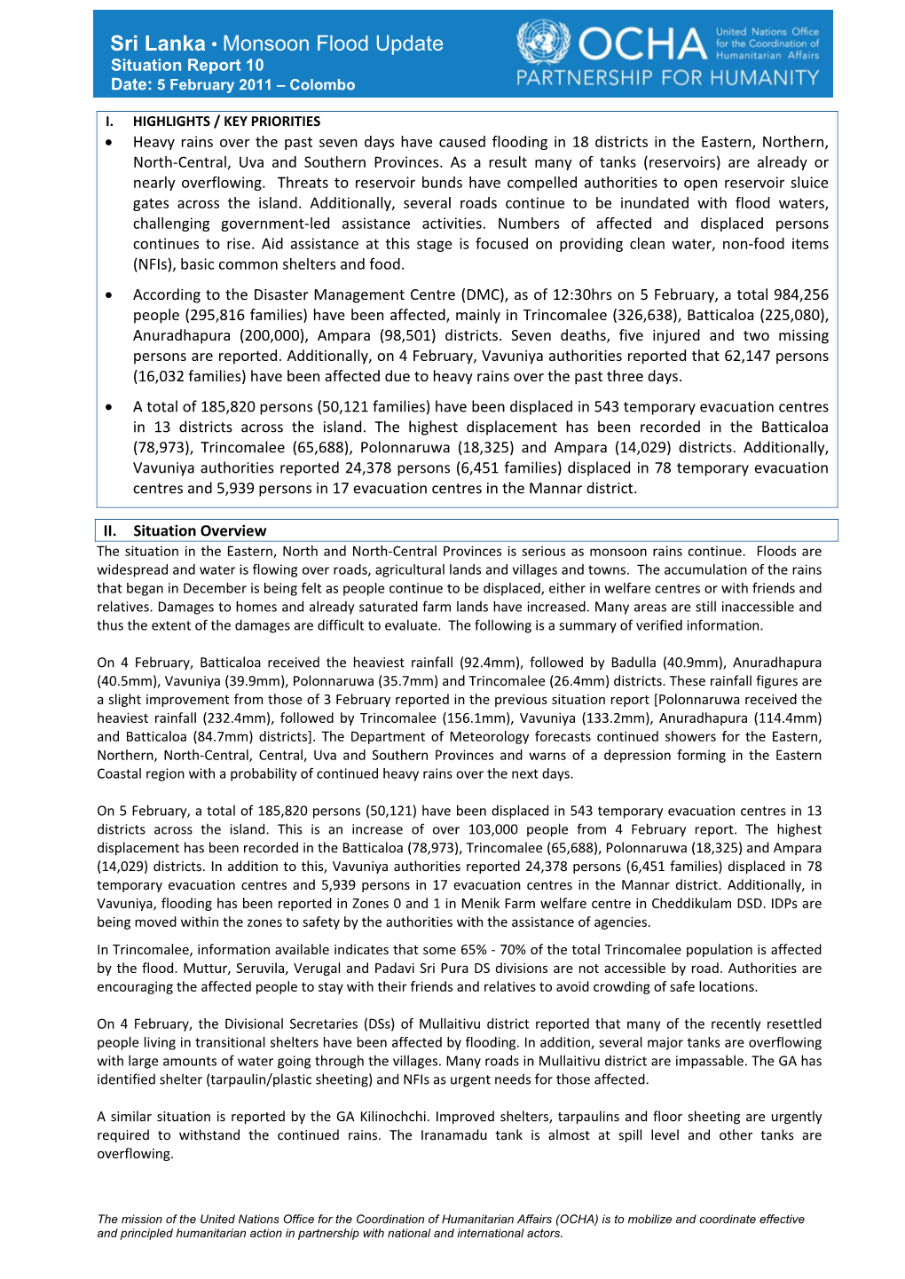 Sri Lanka • Monsoon Flood Update Situation Report 10 Date: 5 February 2011 – Colombo