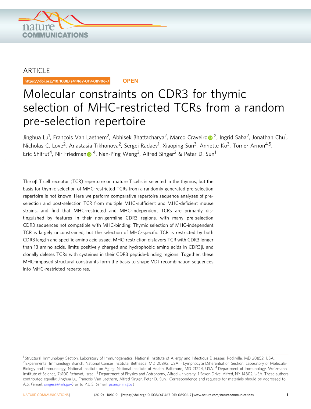 Molecular Constraints on CDR3 for Thymic Selection of MHC-Restricted Tcrs from a Random Pre-Selection Repertoire