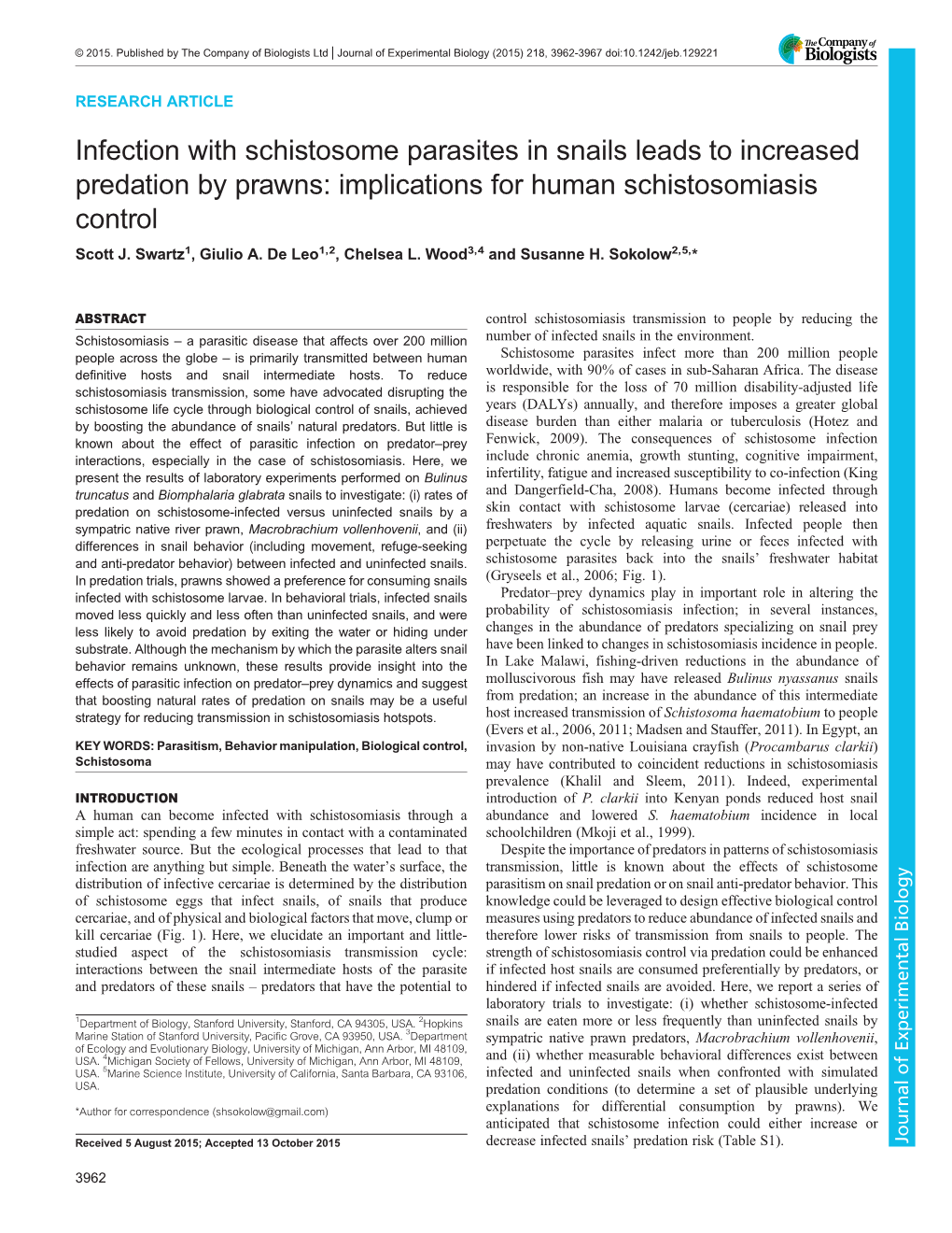 Infection with Schistosome Parasites in Snails Leads to Increased Predation by Prawns: Implications for Human Schistosomiasis Control Scott J