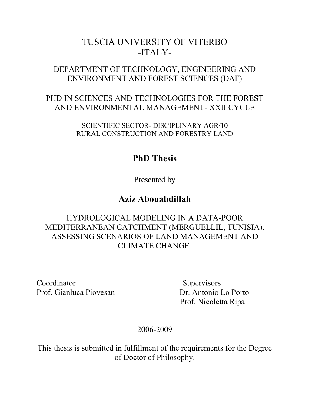 TUSCIA UNIVERSITY of VITERBO -ITALY- Phd