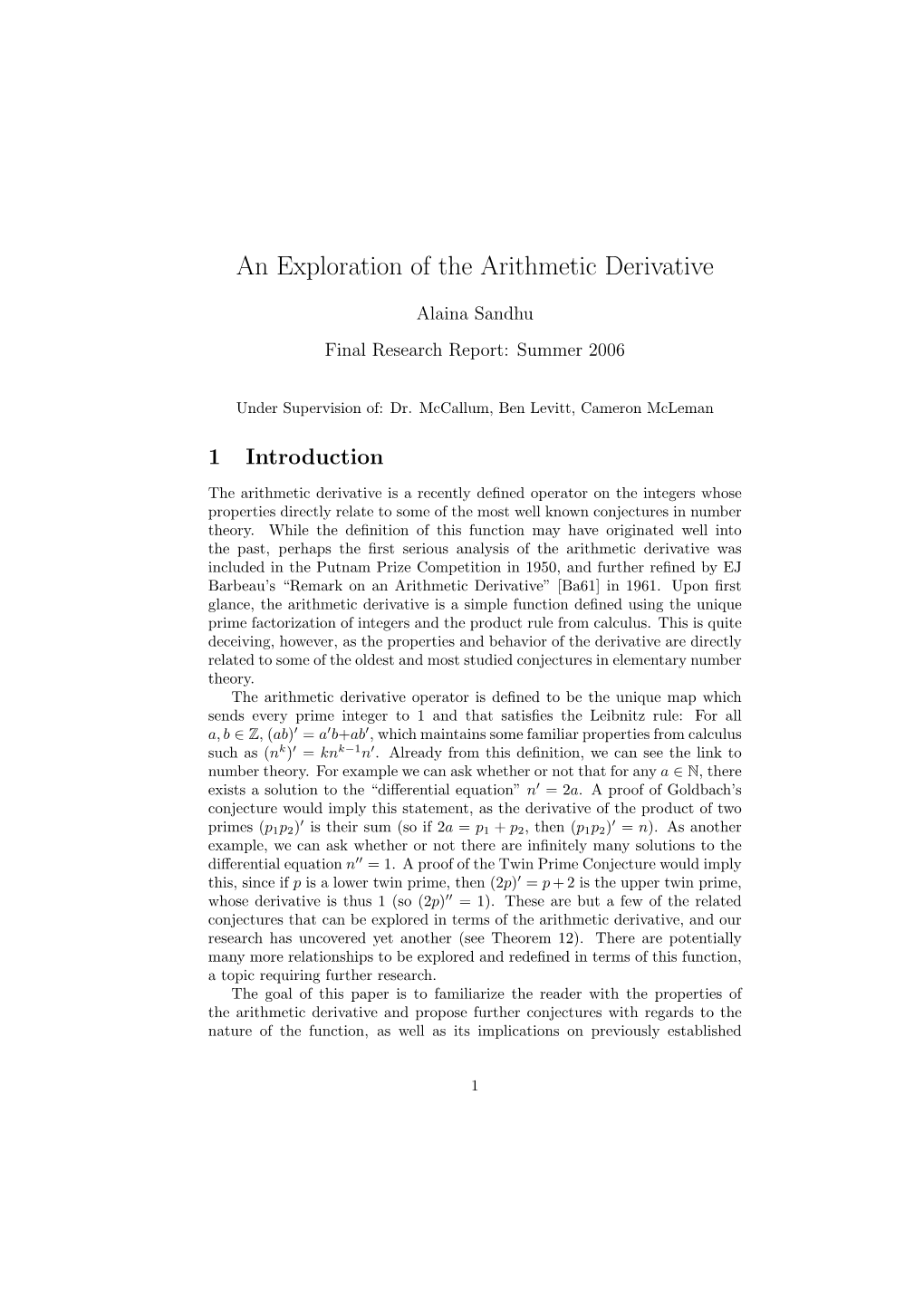 An Exploration of the Arithmetic Derivative