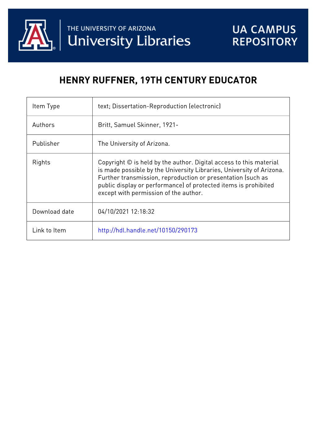 University Microfilms, Inc., Ann Arbor, Michigan HENRY RUFFNER, 19TH CENTURY EDUCATOR