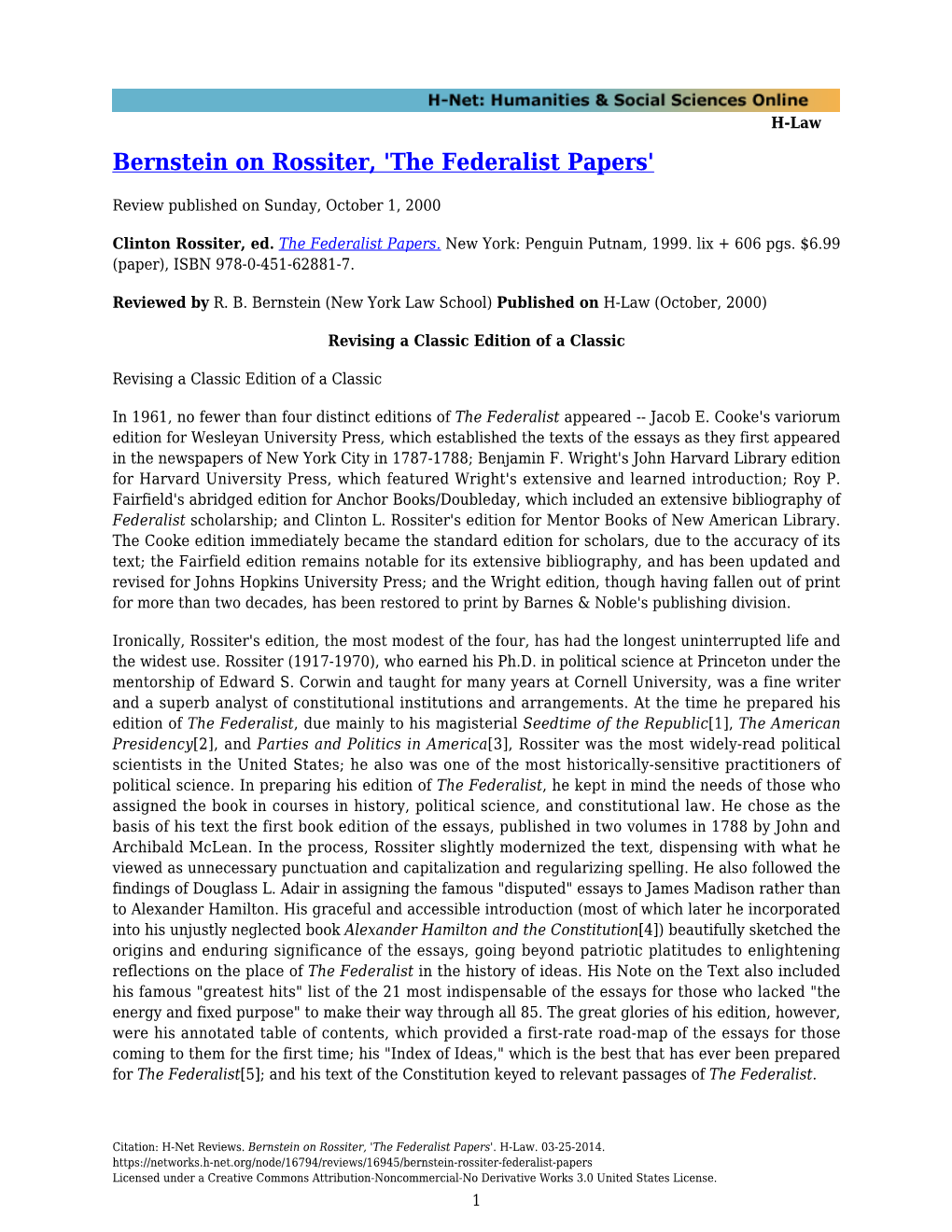 Bernstein on Rossiter, 'The Federalist Papers'