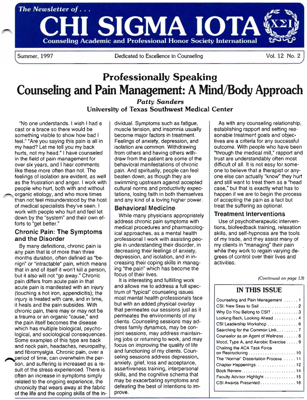 Counseling and Pain Management: a Mind/Body Approach Patty Sanders University of Texas Southwest Medical Center