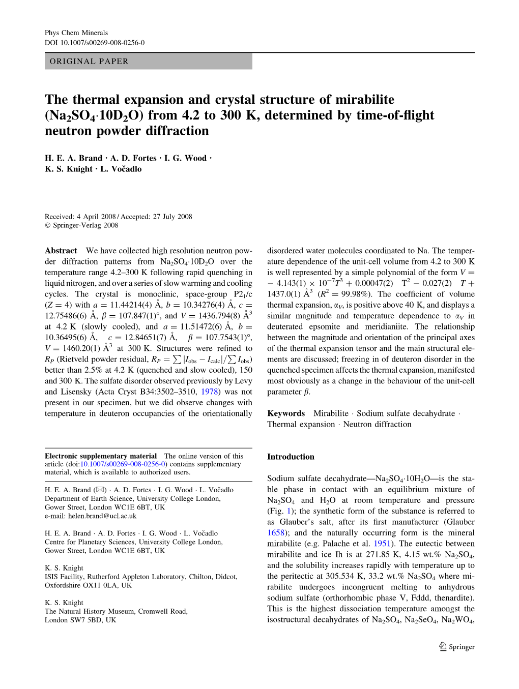 The Thermal Expansion and Crystal Structure of Mirabilite (Na2so4á10d2o) from 4.2 to 300 K, Determined by Time-Of-Flight Neutro