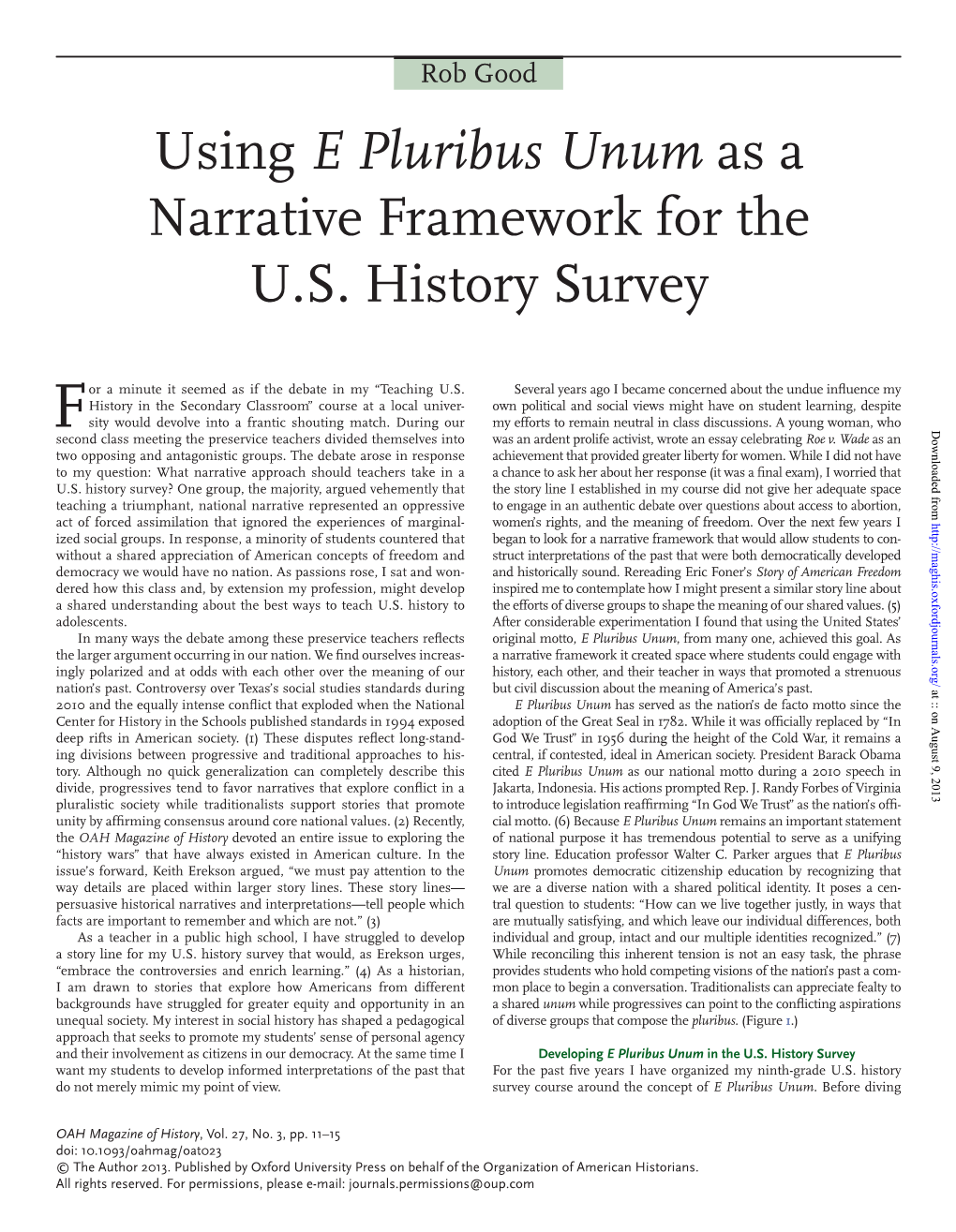 Using E Pluribus Unum As a Narrative Framework for the U.S. History Survey