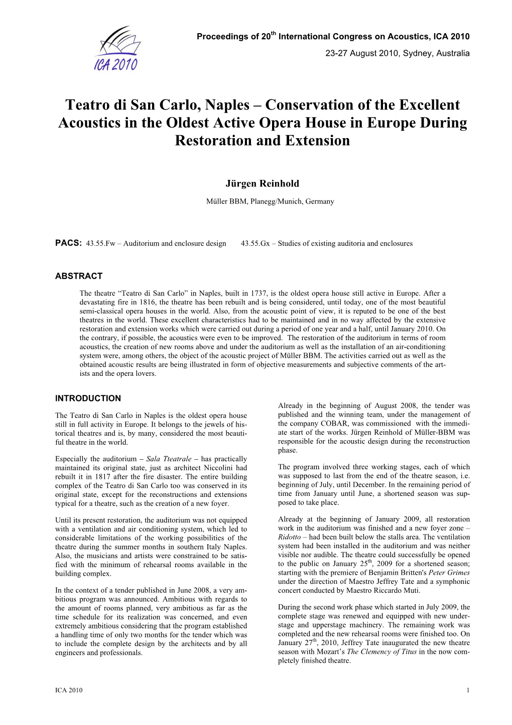 Teatro Di San Carlo, Naples – Conservation of the Excellent Acoustics in the Oldest Active Opera House in Europe During Restoration and Extension