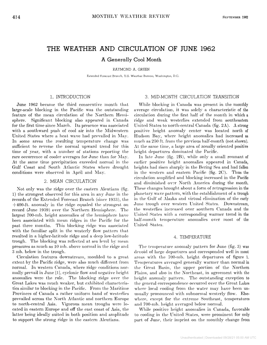 THE WEATHER and CIRCULATION of JUNE 1962 a Generally Cool Month