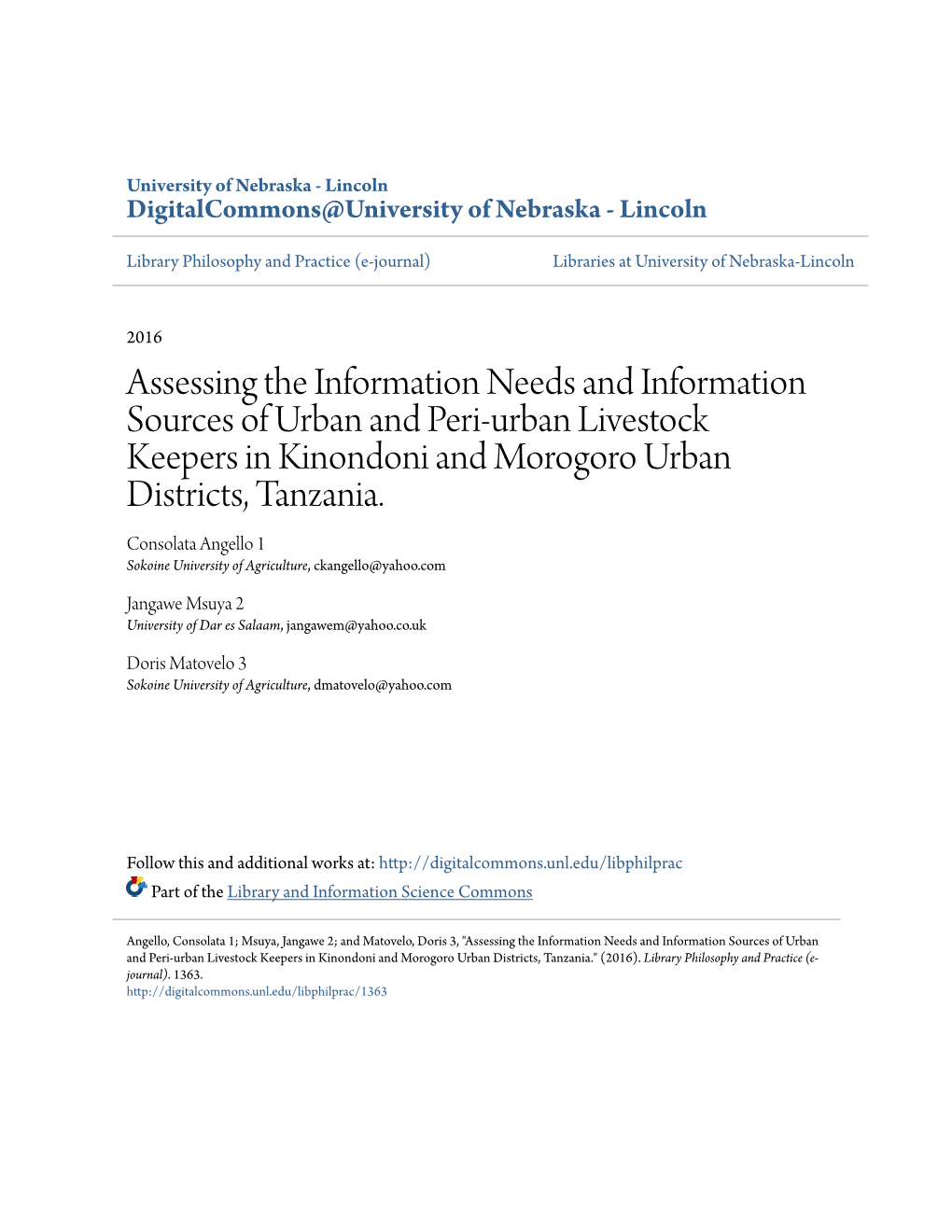 Assessing the Information Needs and Information Sources of Urban and Peri-Urban Livestock Keepers in Kinondoni and Morogoro Urban Districts, Tanzania