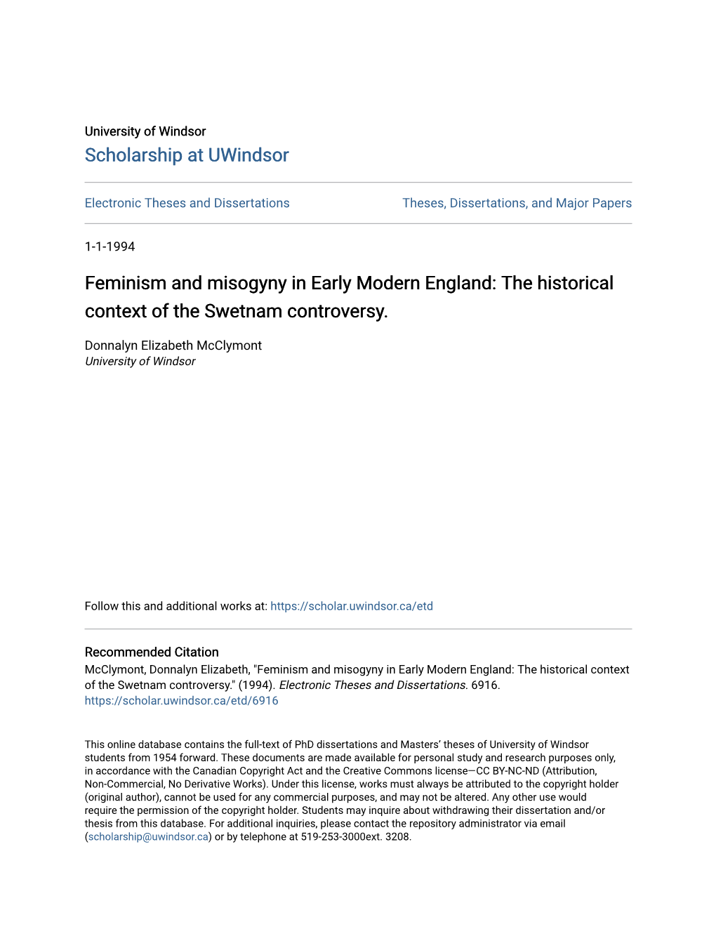 Feminism and Misogyny in Early Modern England: the Historical Context of the Swetnam Controversy