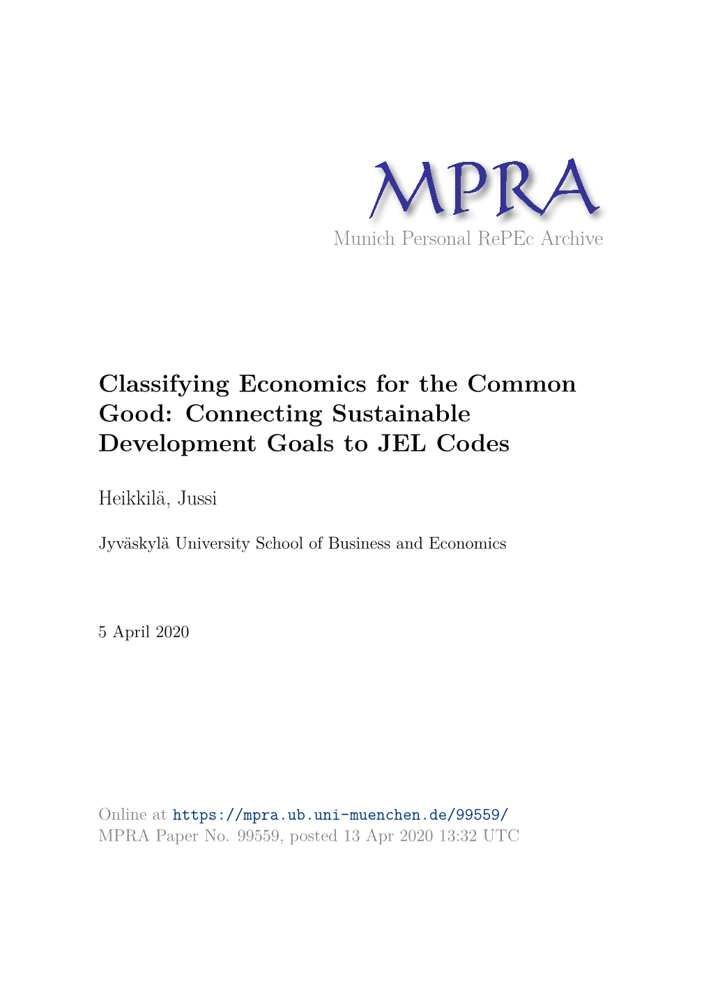 Classifying Economics for the Common Good: Connecting Sustainable Development Goals to JEL Codes