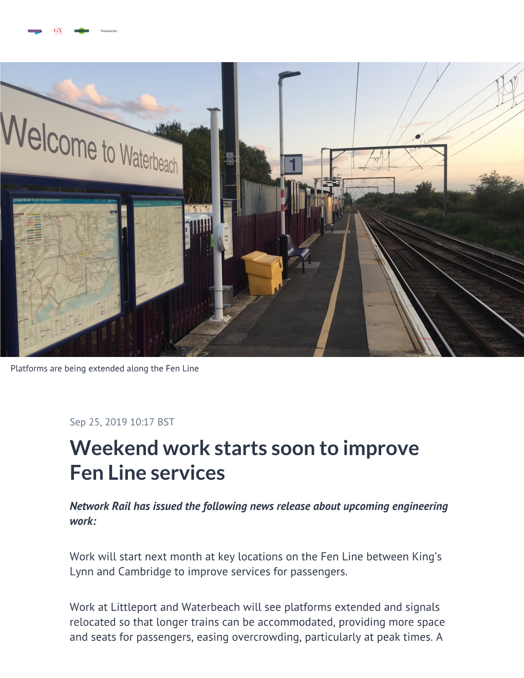 Weekend Work Starts Soon to Improve Fen Line Services