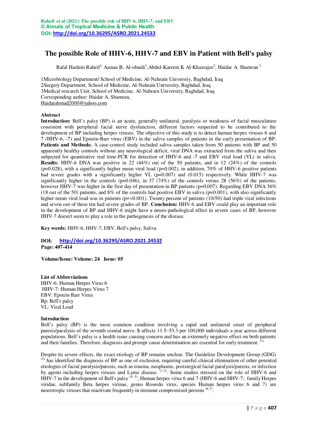 The Possible Role of HHV-6, HHV-7 and EBV in Patient with Bell's Palsy