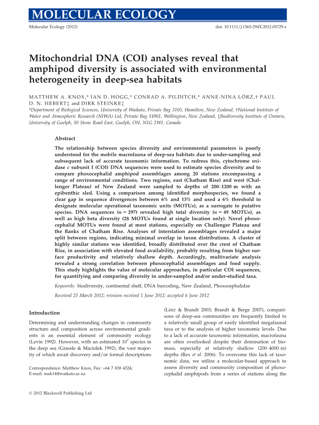 Mitochondrial DNA (COI) Analyses Reveal That Amphipod Diversity Is Associated with Environmental Heterogeneity in Deepsea Habita