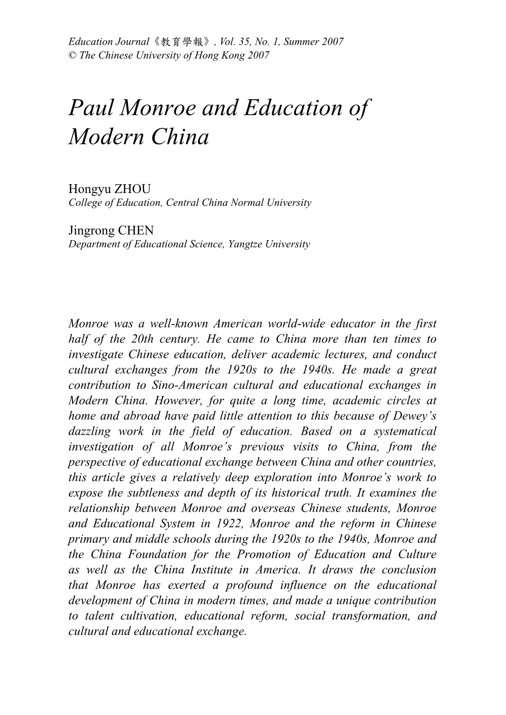 Paul Monroe and Education of Modern China