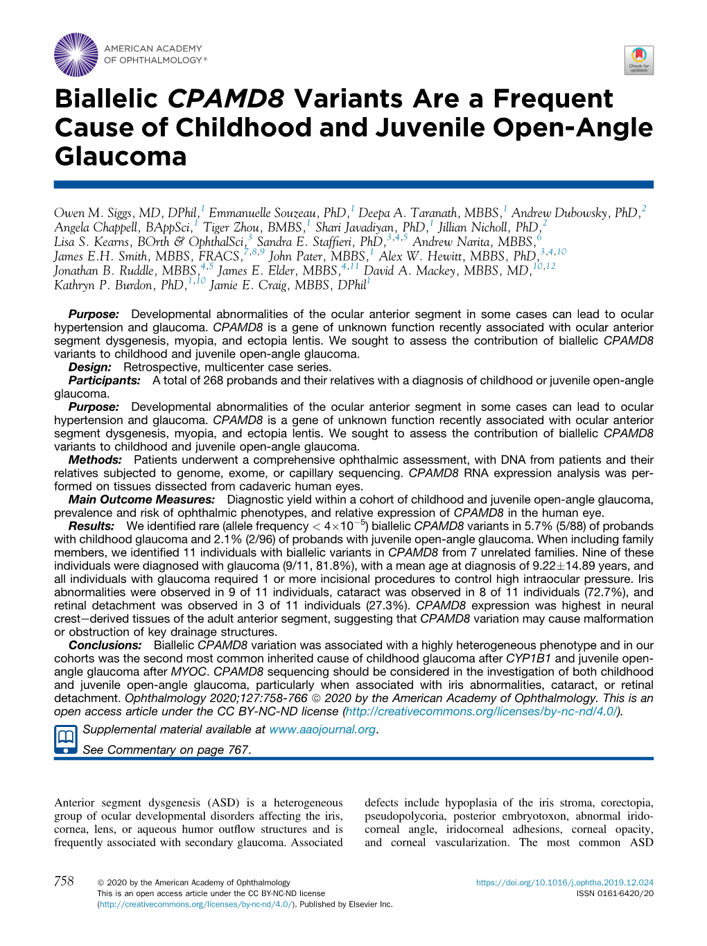 Biallelic CPAMD8 Variants Are a Frequent Cause of Childhood and Juvenile Open-Angle Glaucoma