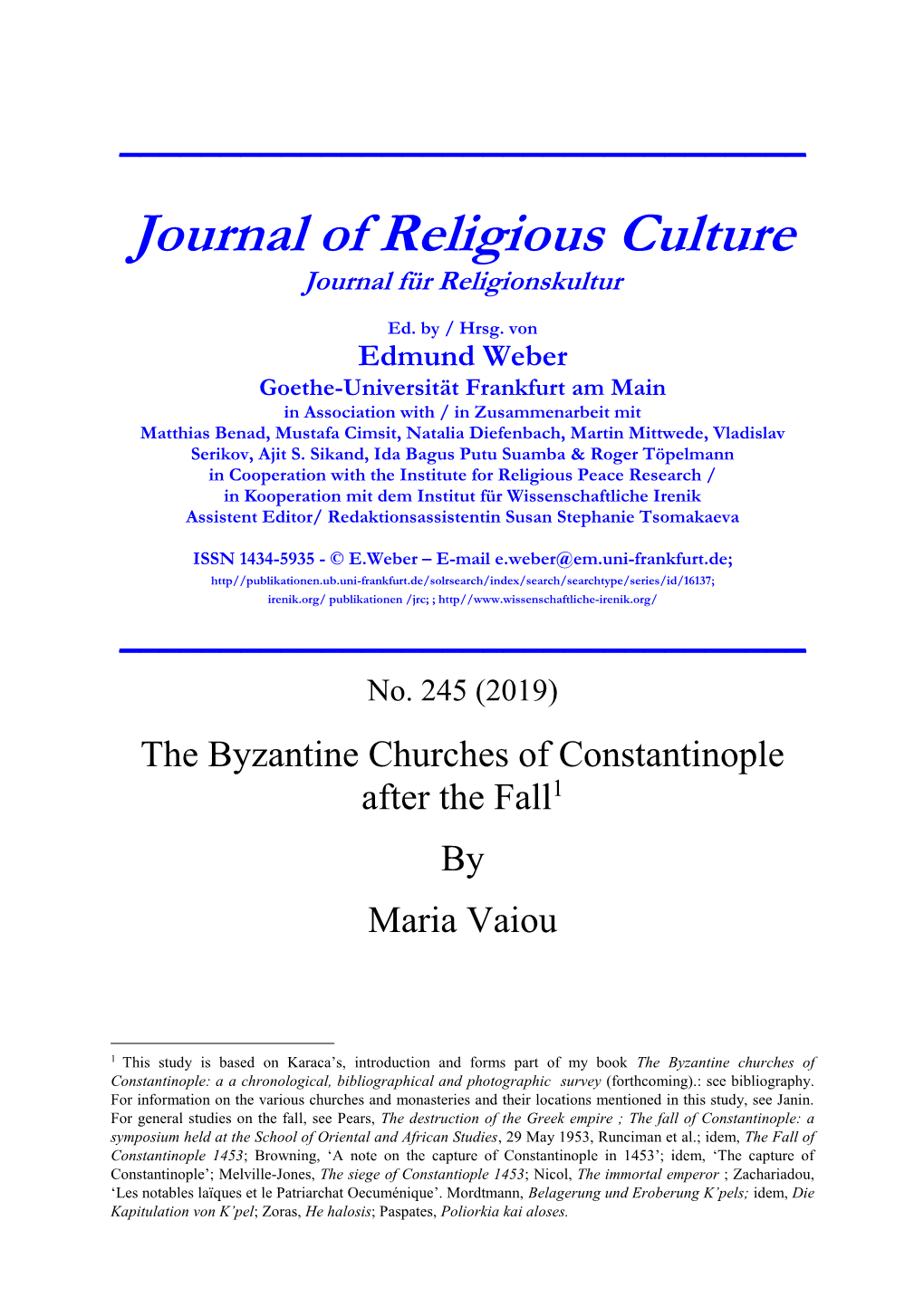 Journal of Religious Culture Journal Für Religionskultur