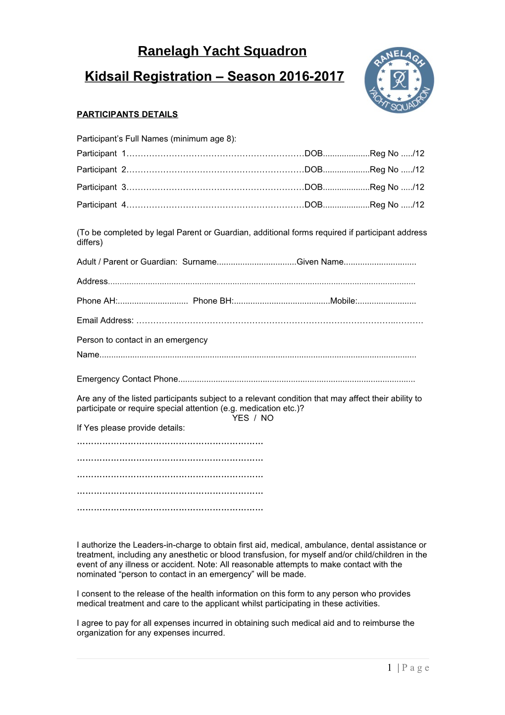 Application Form for Ranelagh Yacht Squadron S