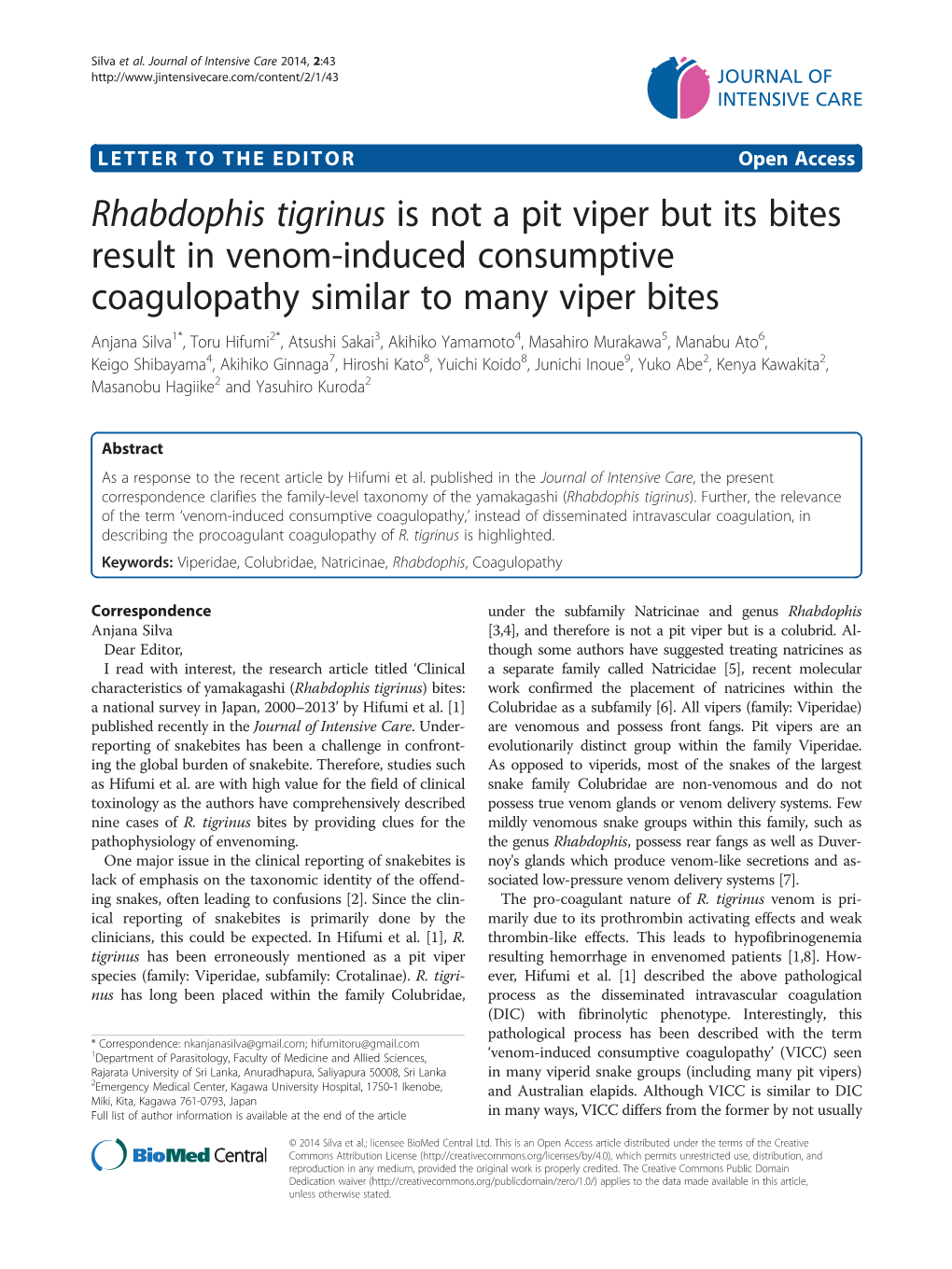 Rhabdophis Tigrinus Is Not a Pit Viper but Its Bites Result in Venom-Induced