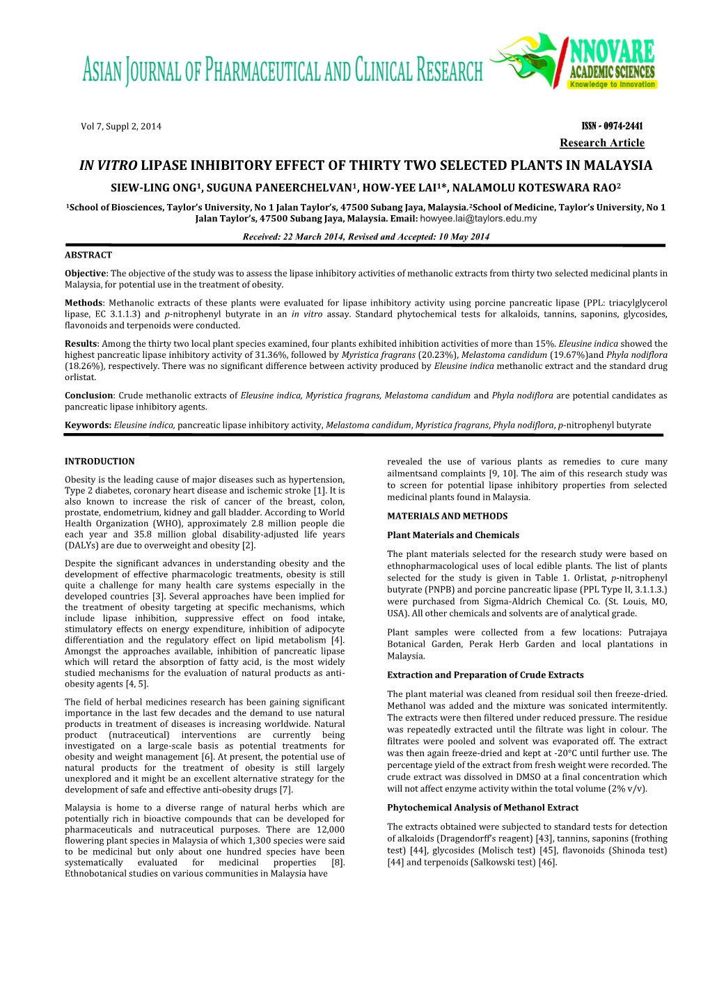 In Vitro Lipase Inhibitory Effect of Thirty Two Selected Plants in Malaysia