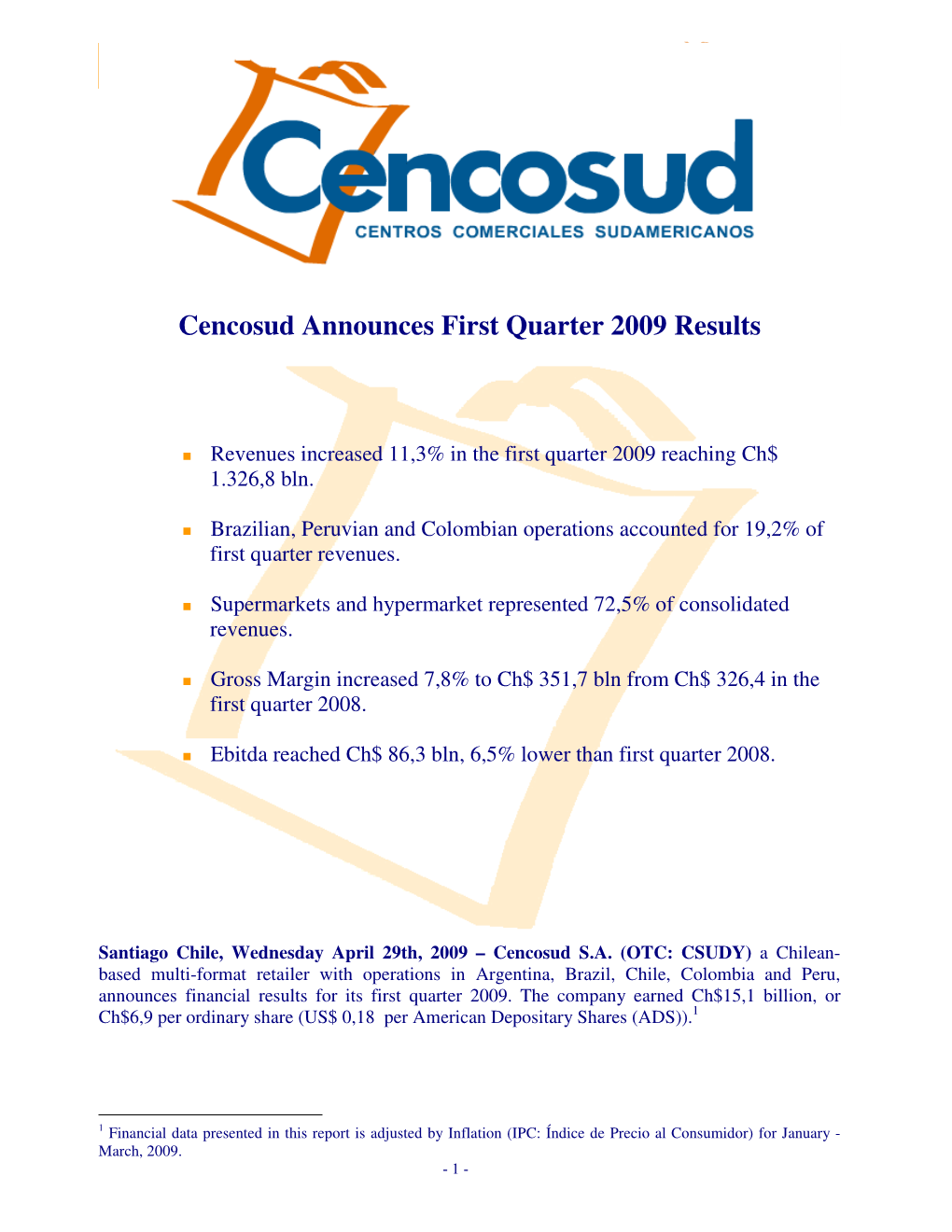 Cencosud Announces First Quarter 2009 Results