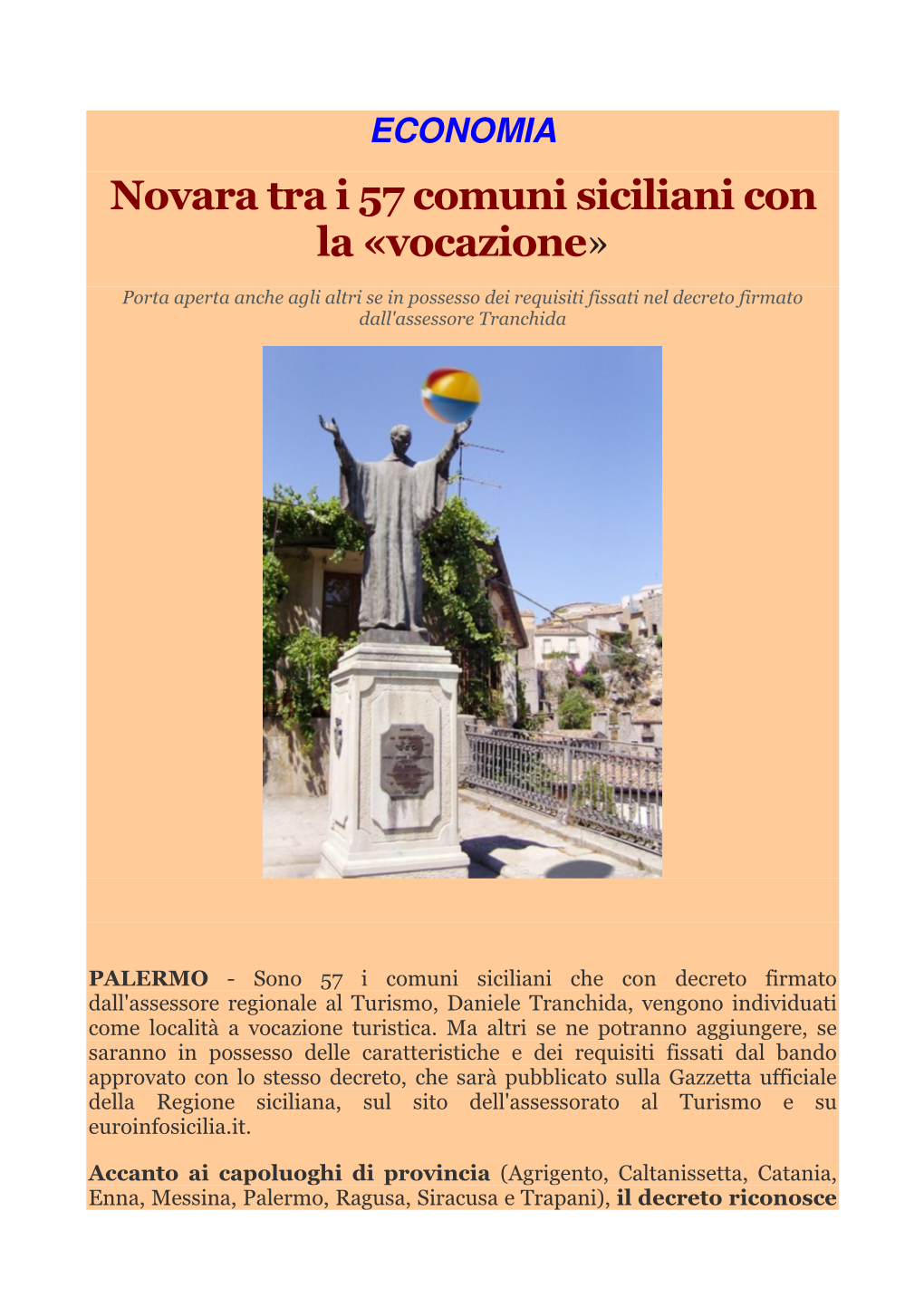 Novara Tra I 57 Comuni Siciliani Con La «Vocazione»