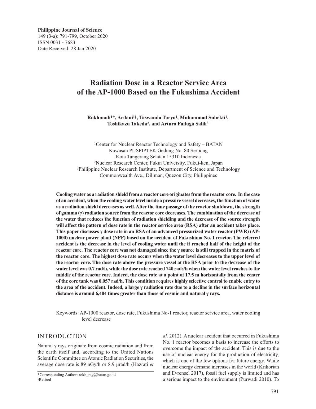 Radiation Dose in a Reactor Service Area of the AP-1000 Based on the Fukushima Accident