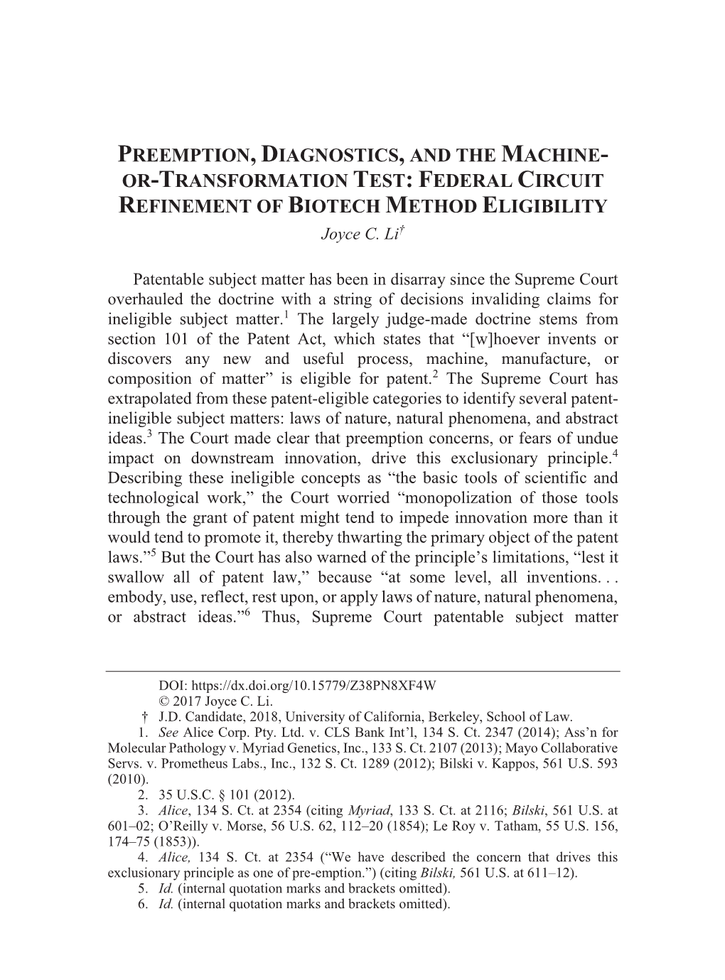 OR-TRANSFORMATION TEST: FEDERAL CIRCUIT REFINEMENT of BIOTECH METHOD ELIGIBILITY Joyce C