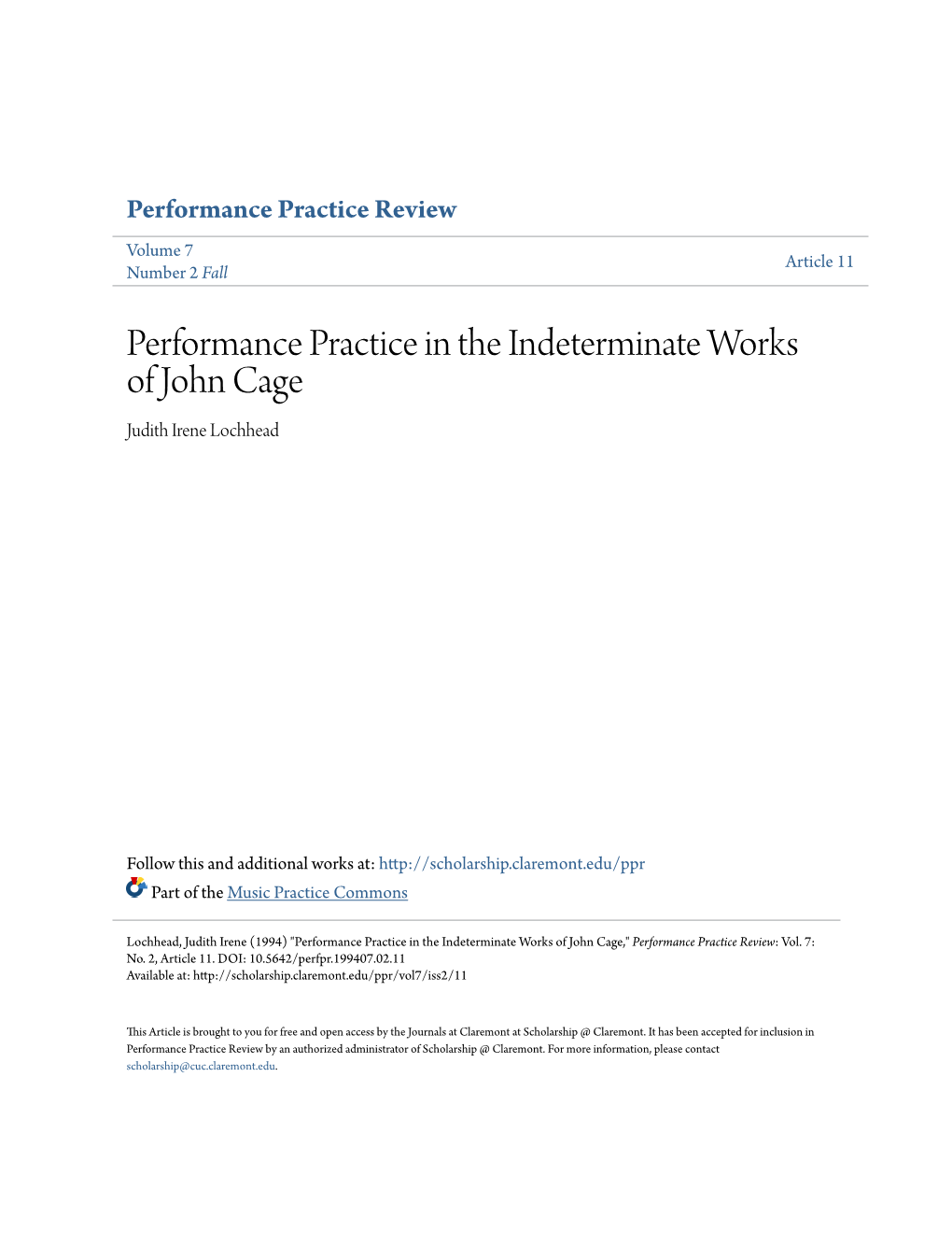 Performance Practice in the Indeterminate Works of John Cage Judith Irene Lochhead