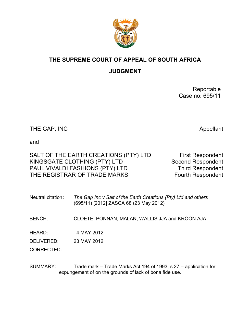 The Supreme Court of Appeal of South Africa