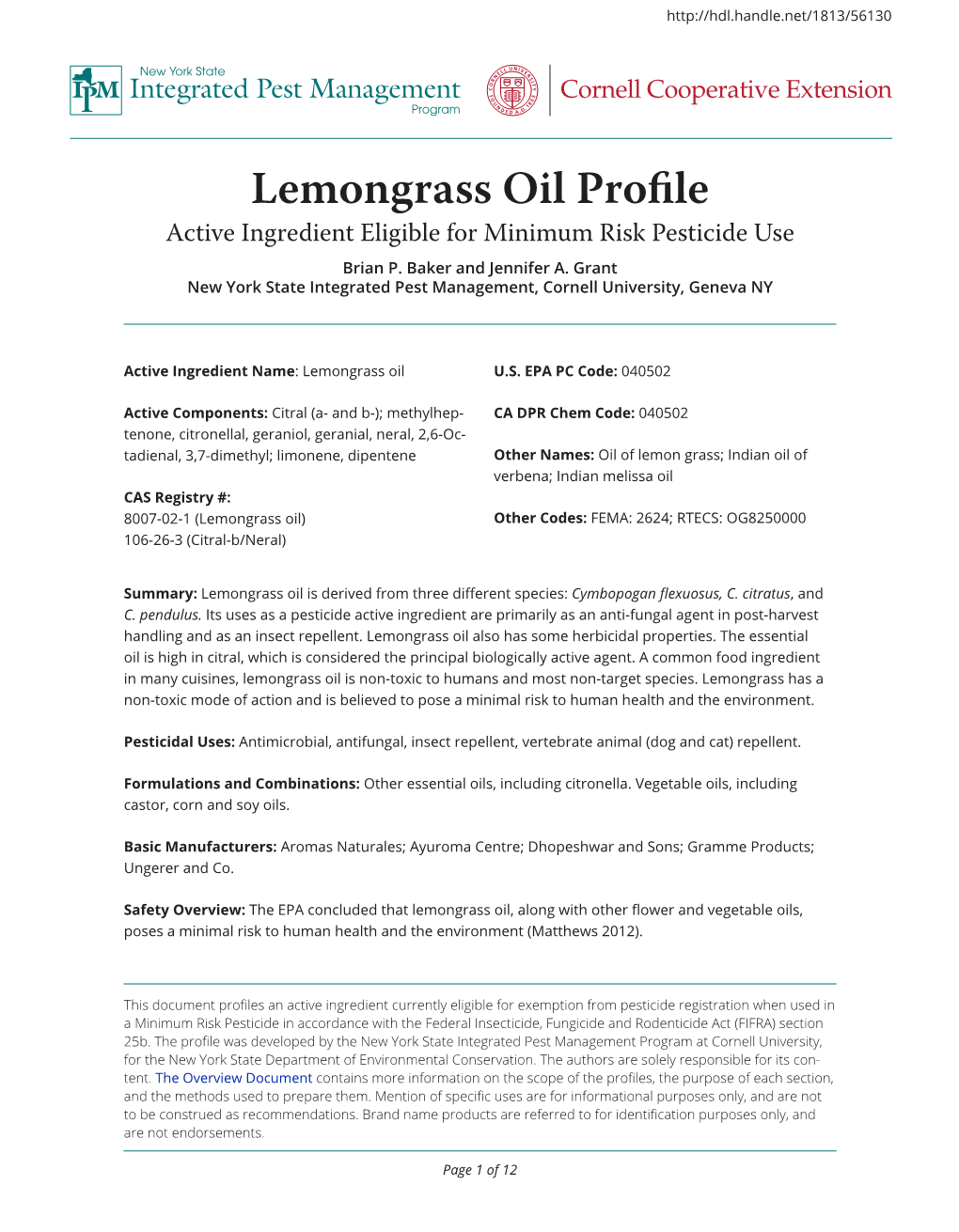 Lemongrass Oil Profile Integrated Pest Management Cornell Cooperative Extension Program
