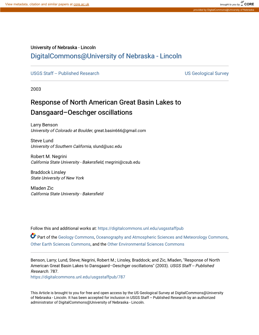 Response of North American Great Basin Lakes to Dansgaard–Oeschger Oscillations