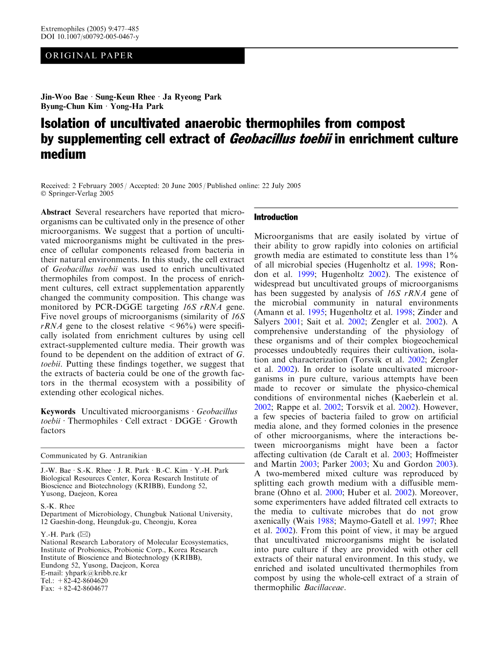 Isolation of Uncultivated Anaerobic Thermophiles from Compost by Supplementing Cell Extract of Geobacillus Toebii in Enrichment Culture Medium