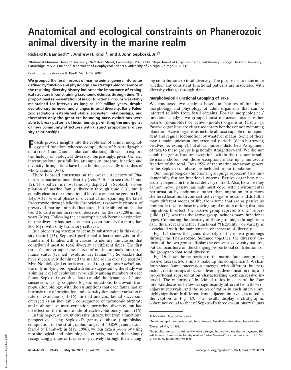 Anatomical and Ecological Constraints on Phanerozoic Animal Diversity in the Marine Realm