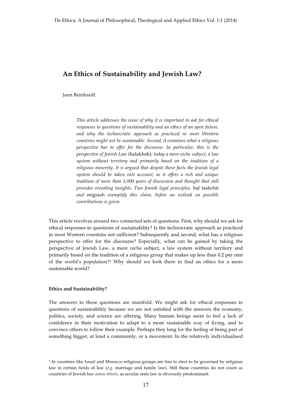 An Ethics of Sustainability and Jewish Law?